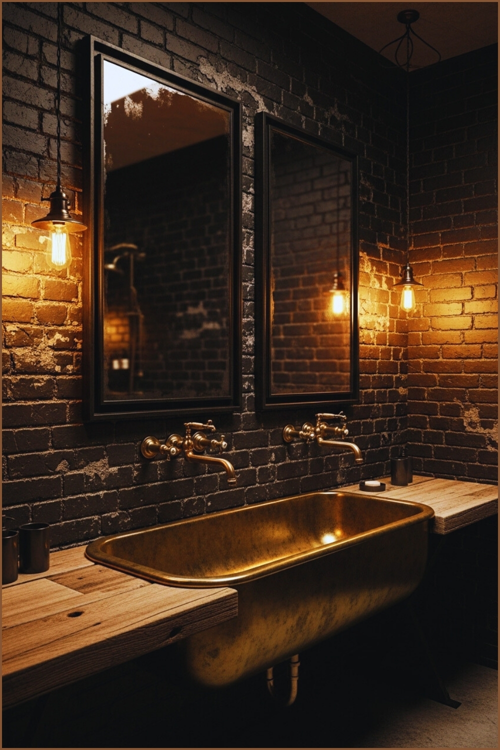 Industrial Bathroom With Distressed Black Brick Walls