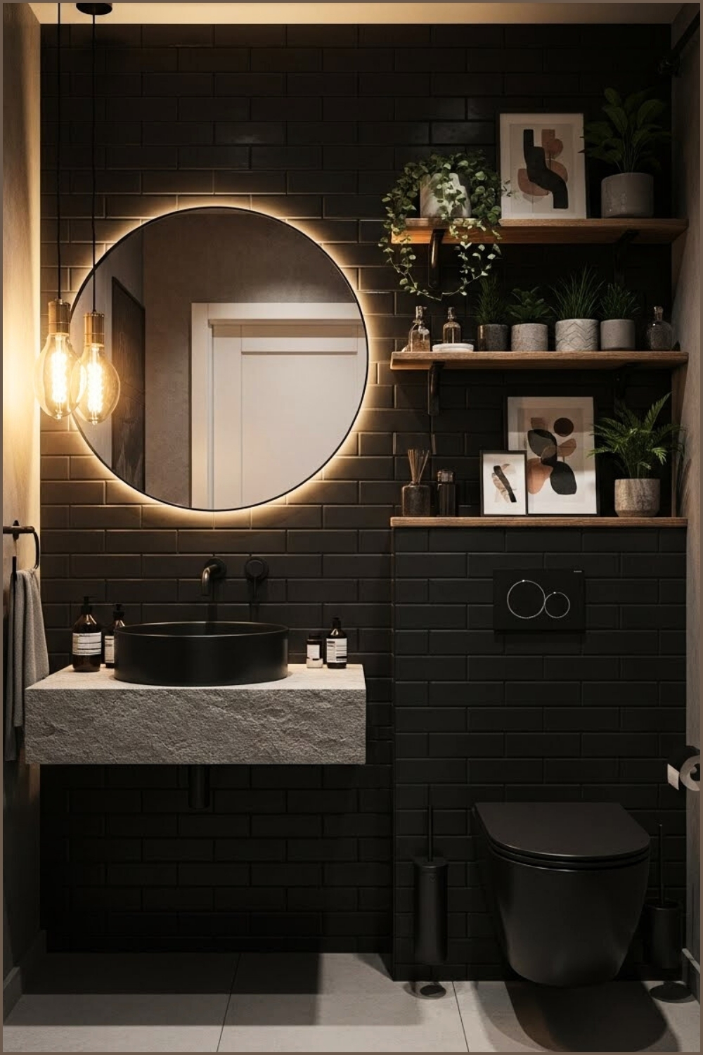 Industrial Black Bathroom With Matte Black Brick Tiles