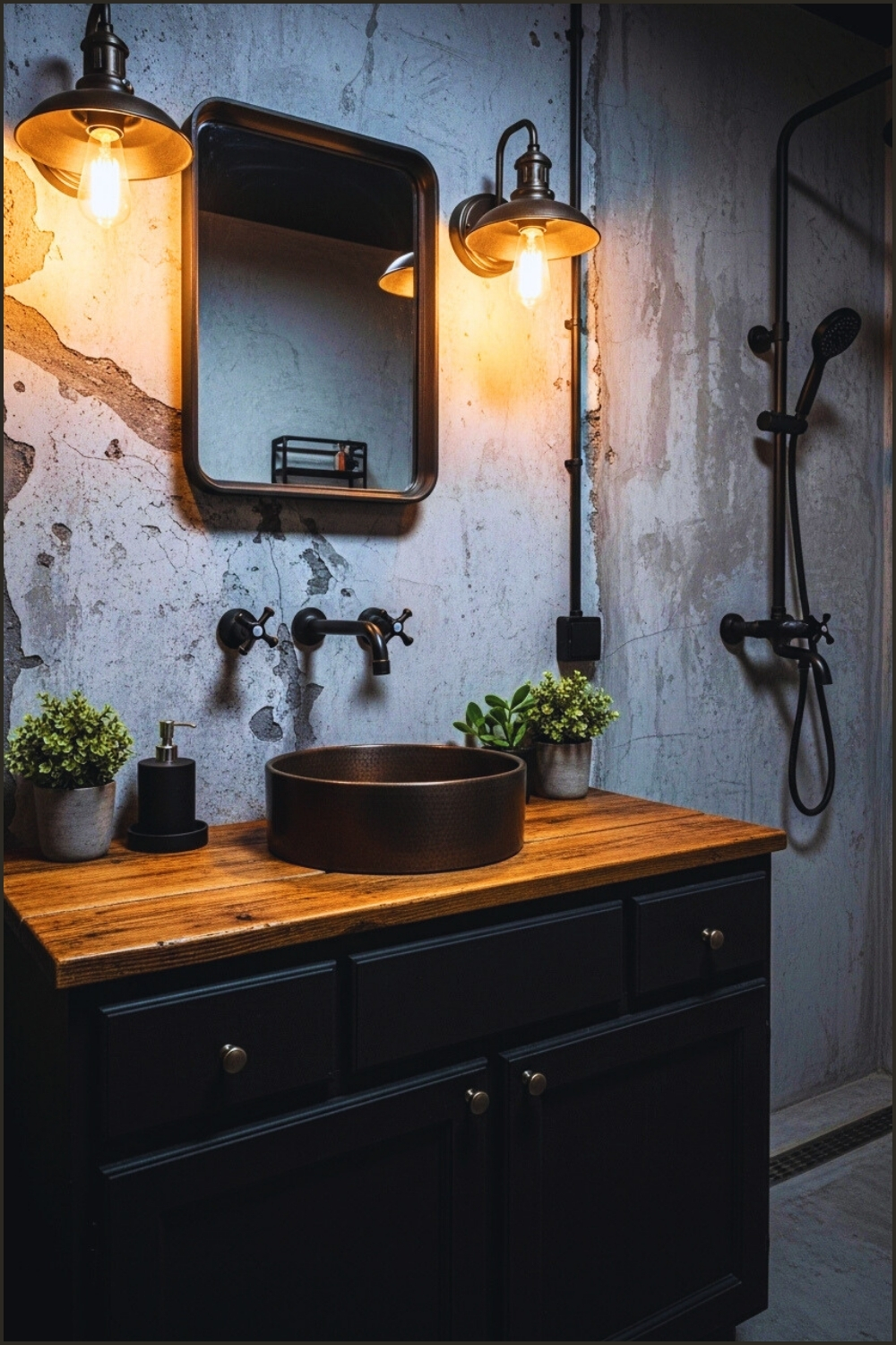 Industrial Black Vanity Bathroom, Distressed Concrete Walls