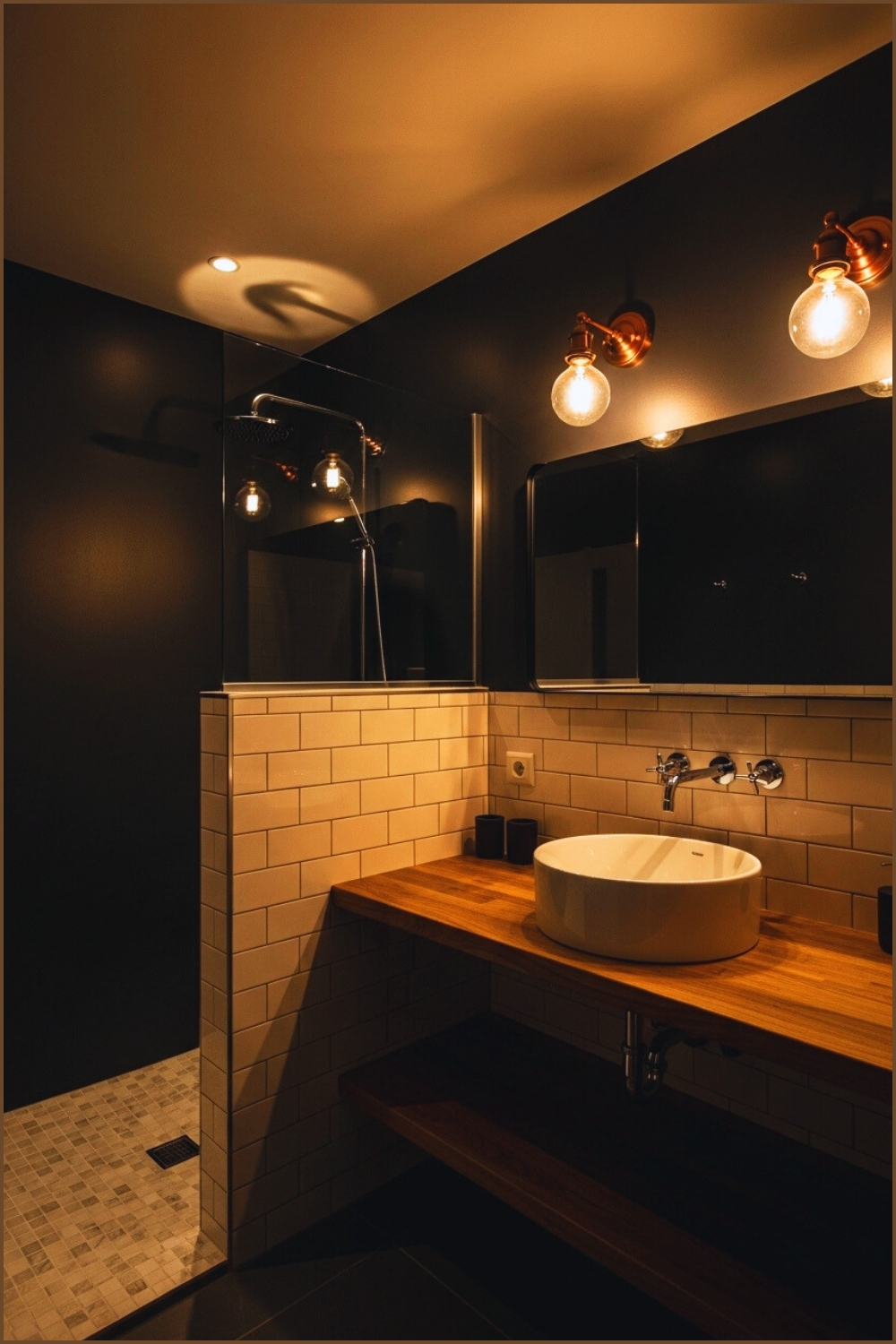 Industrial Modern Bathroom, Matte Black Walls, White Subway