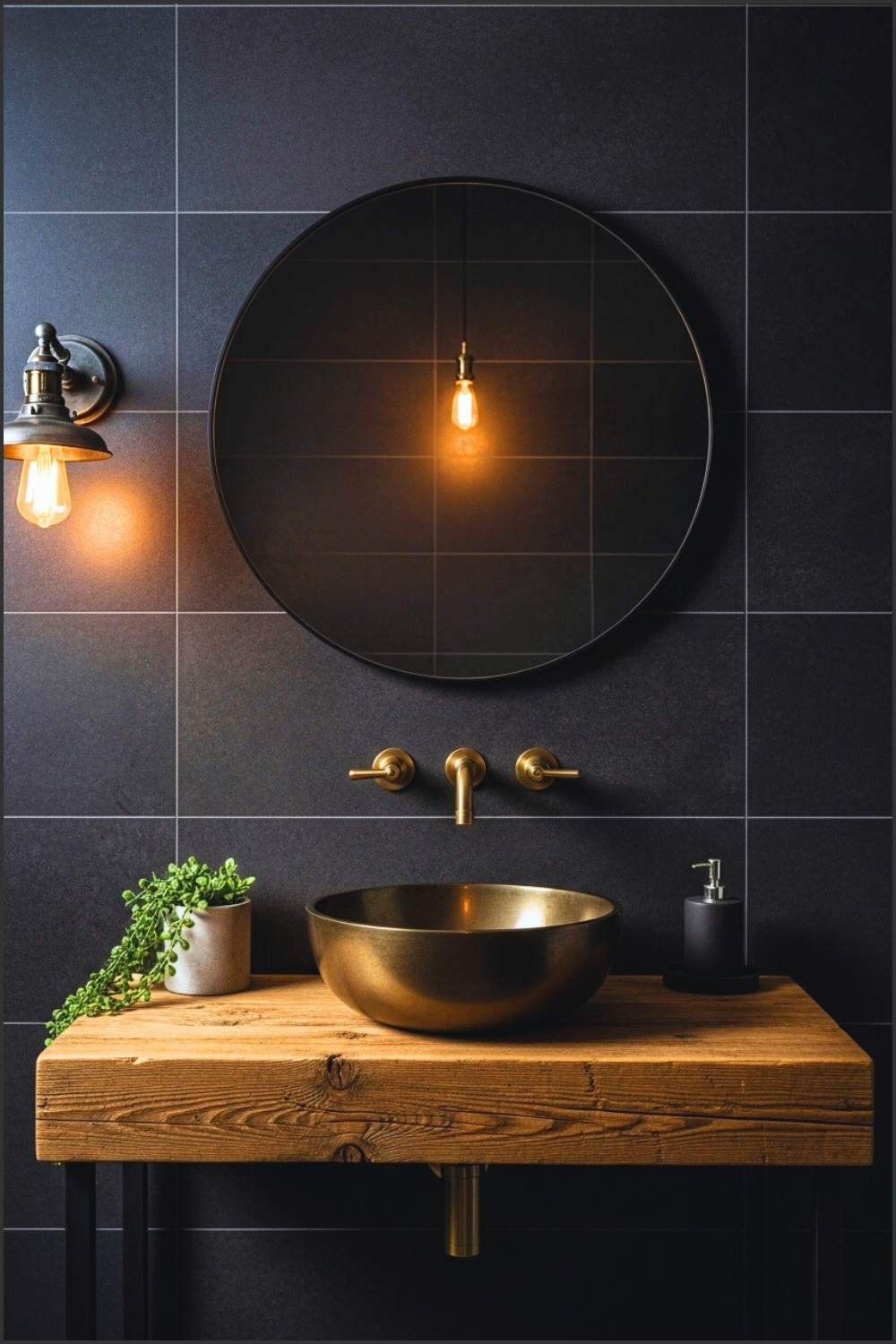 Industrial Modern Bathroom With Dark Textured Tile Walls