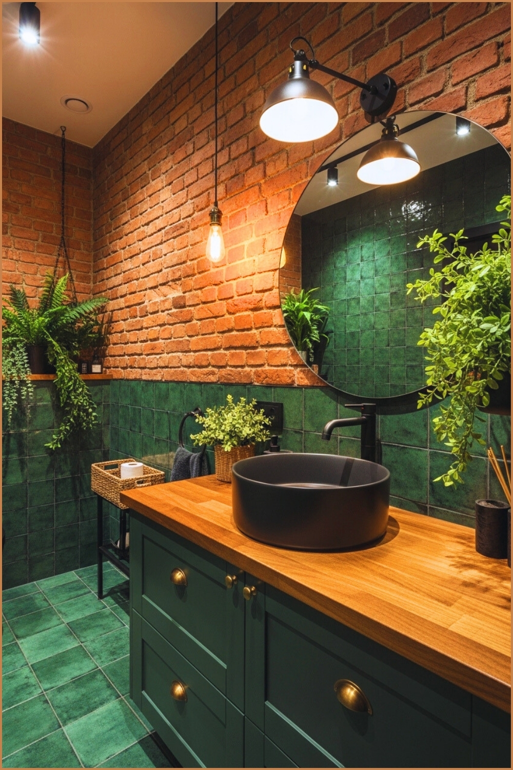 Industrial Modern Bathroom With Exposed Red Brick Wall