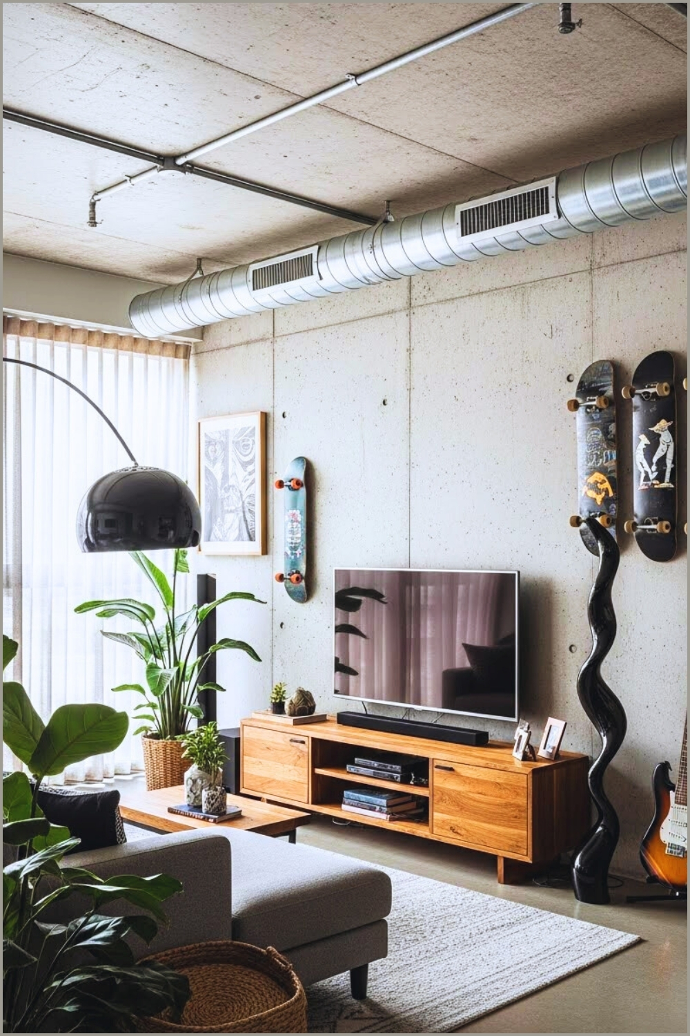 Industrial Modern Living Room Interior Exposed Concrete Ceiling