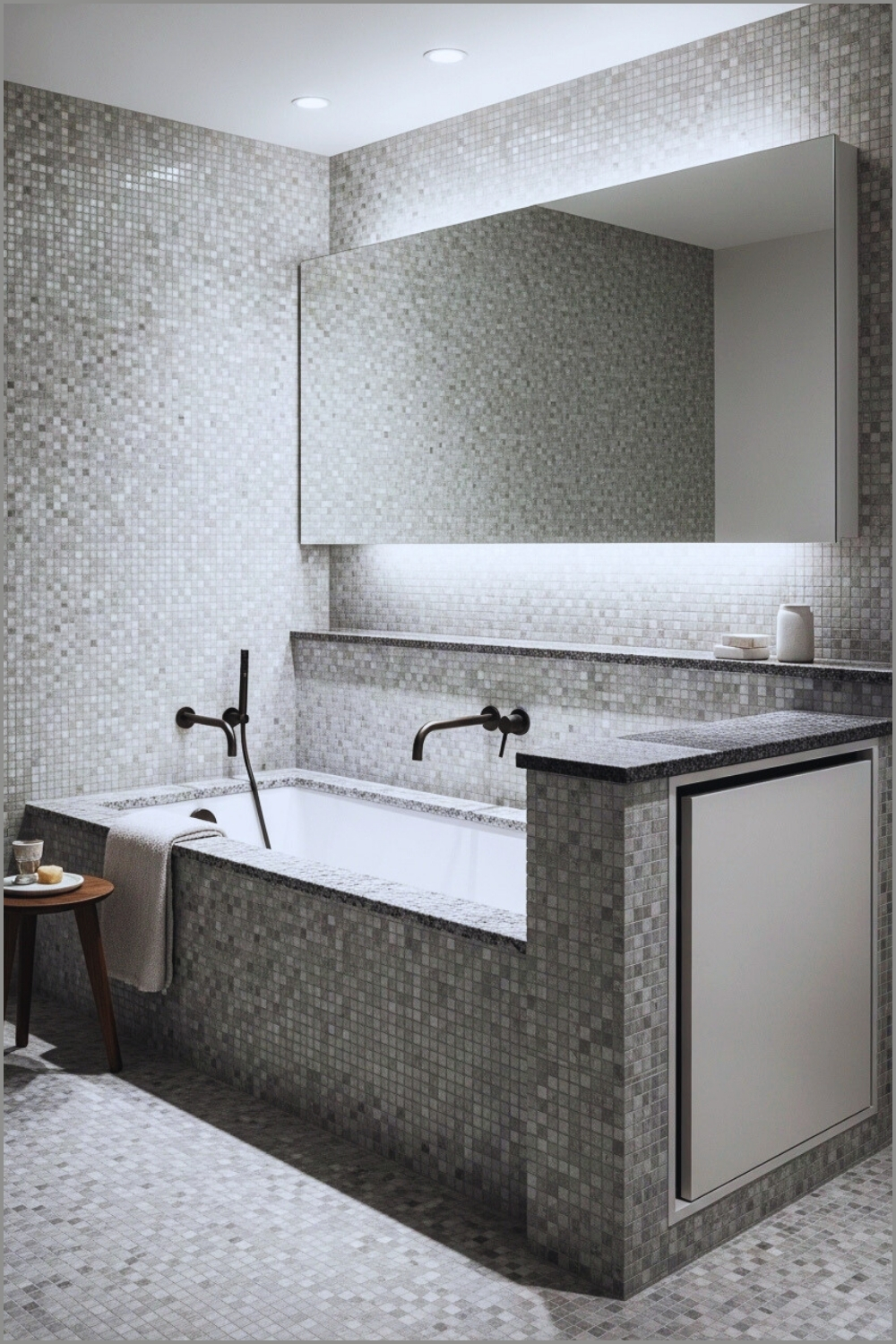 Innovative Bathroom With Grey Mosaic Tiles, Built-in Bathtub