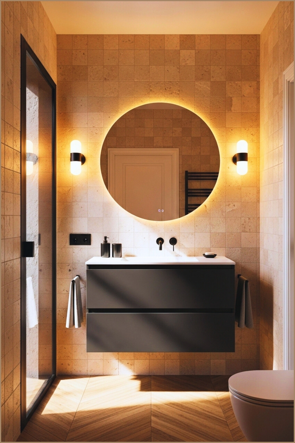 Inviting Bathroom With Warm Ambient Wall Sconces