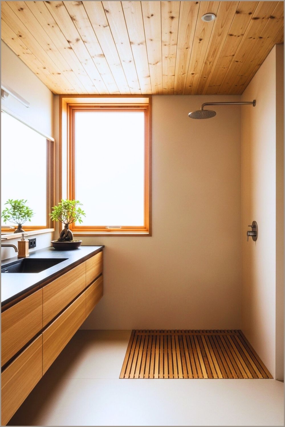 Japandi Minimalist Bathroom With Light Wood Ceiling