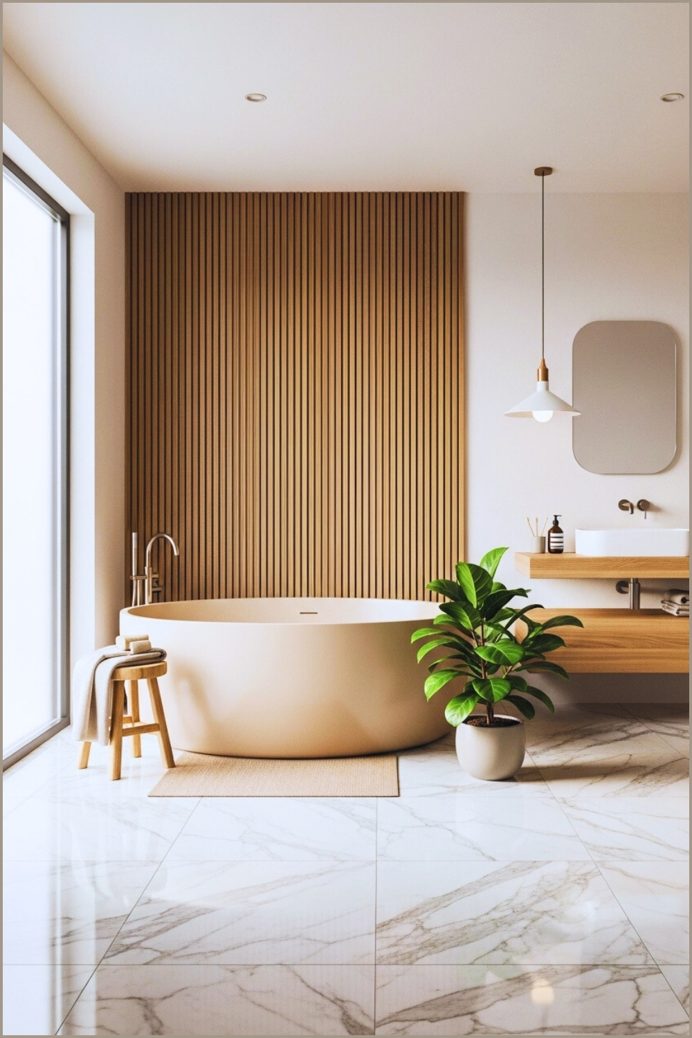 Japandi-inspired Bathroom Featuring A Round Freestanding Cream Tub