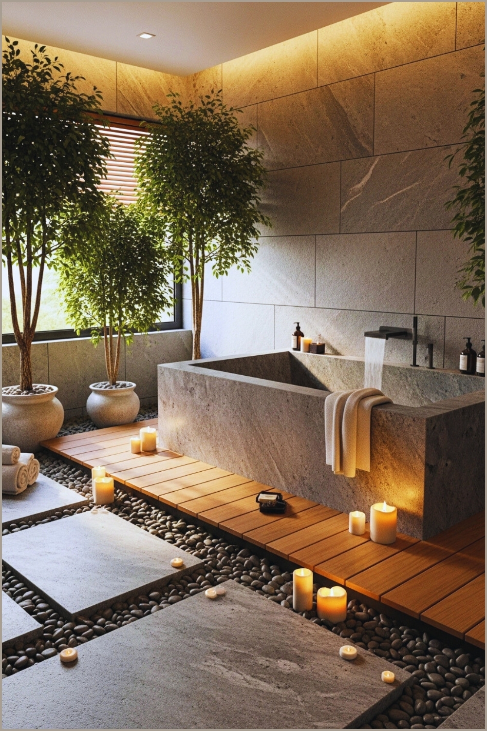 Japanese Inspired Natural Bathroom, Stone Bathtub Surrounded