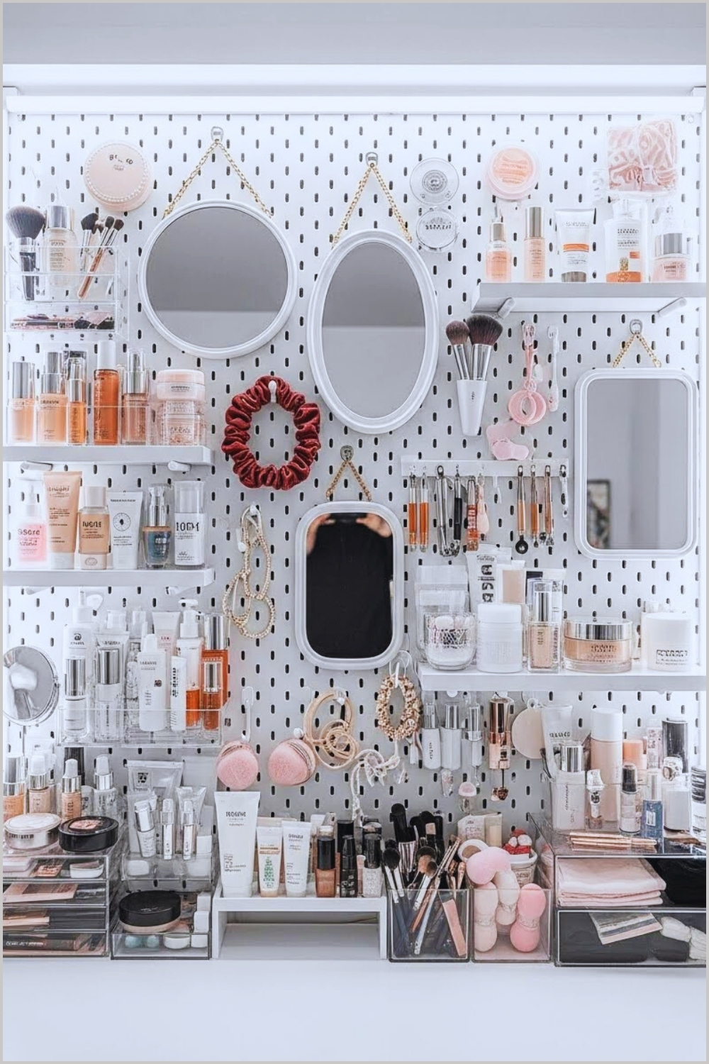 Large White Pegboard Filled With Makeup Products