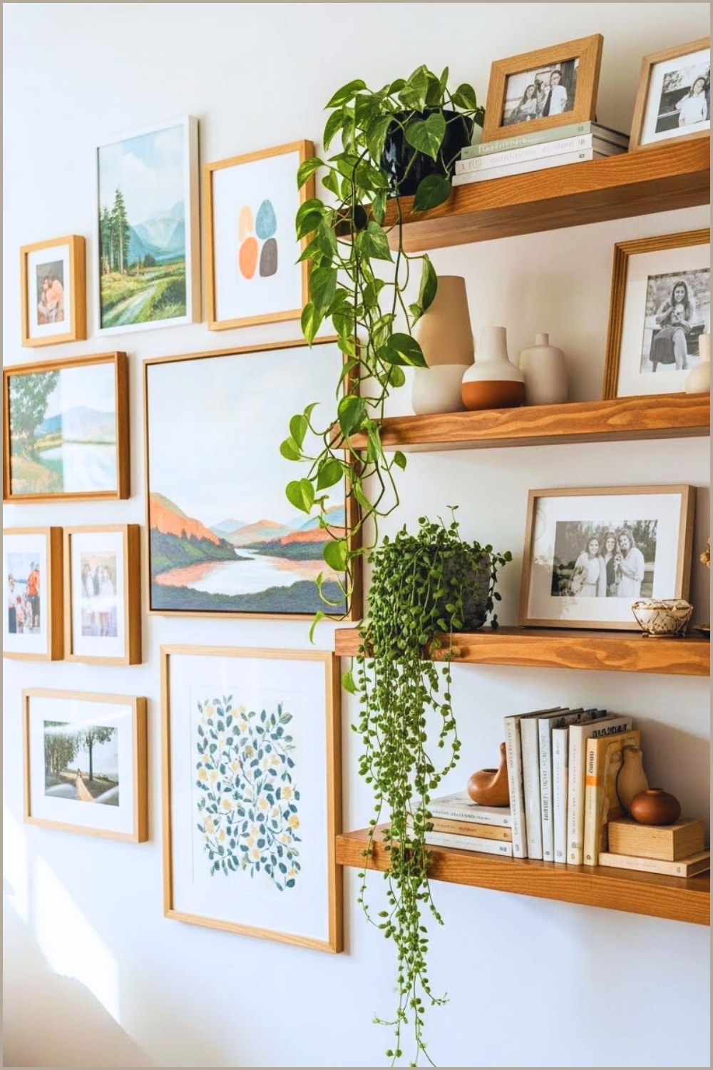 Layered Gallery Wall Combined With Open Wooden Shelves