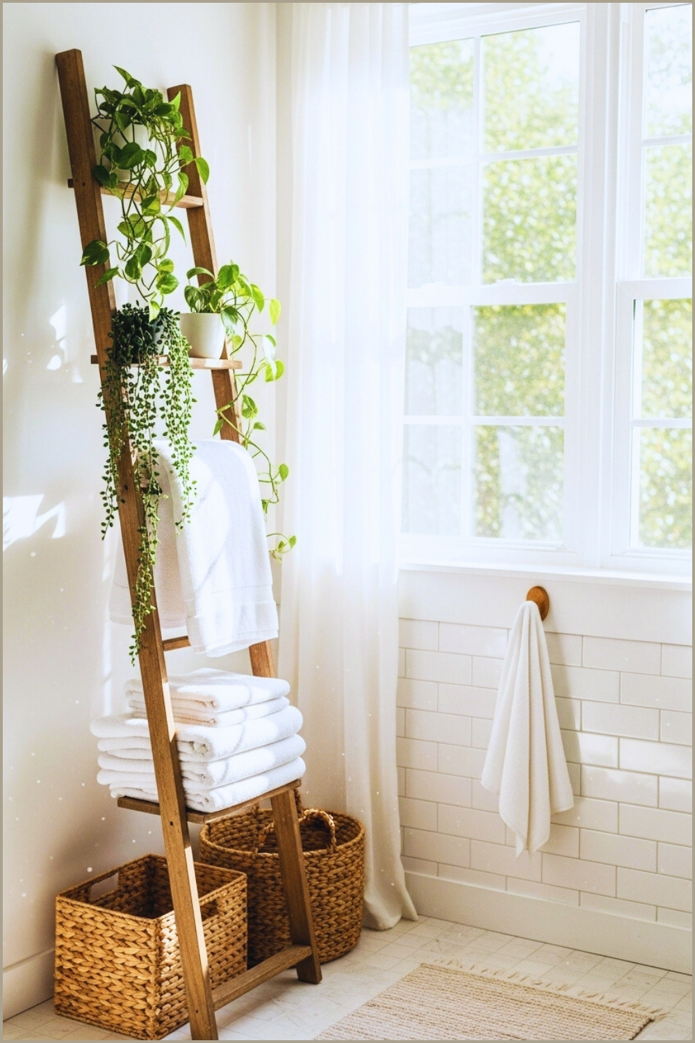 Light And Airy Boho Bathroom, Wooden Ladder Shelf