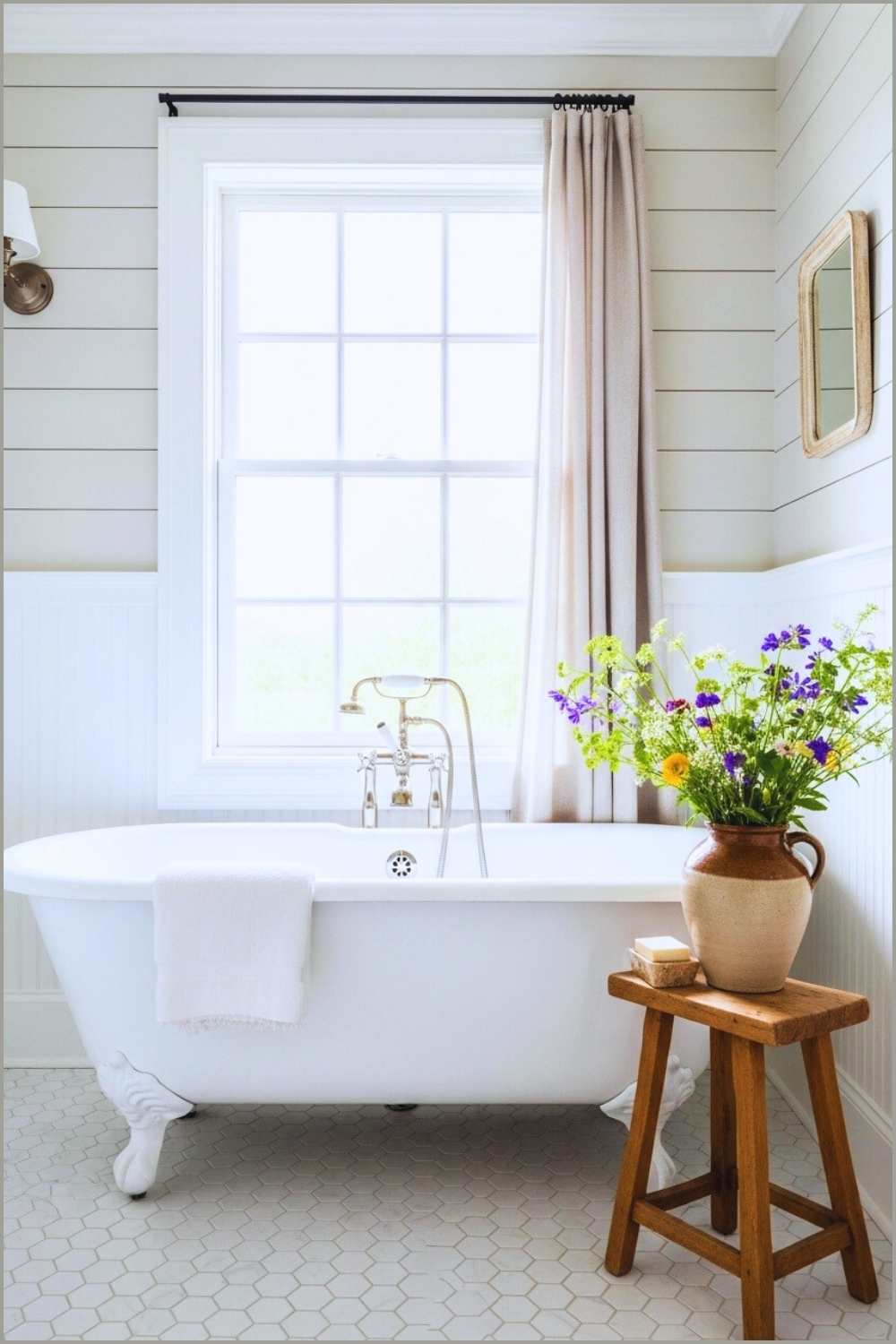 Light Cottage Bathroom, White Clawfoot Tub, White Hex Tile Flooring