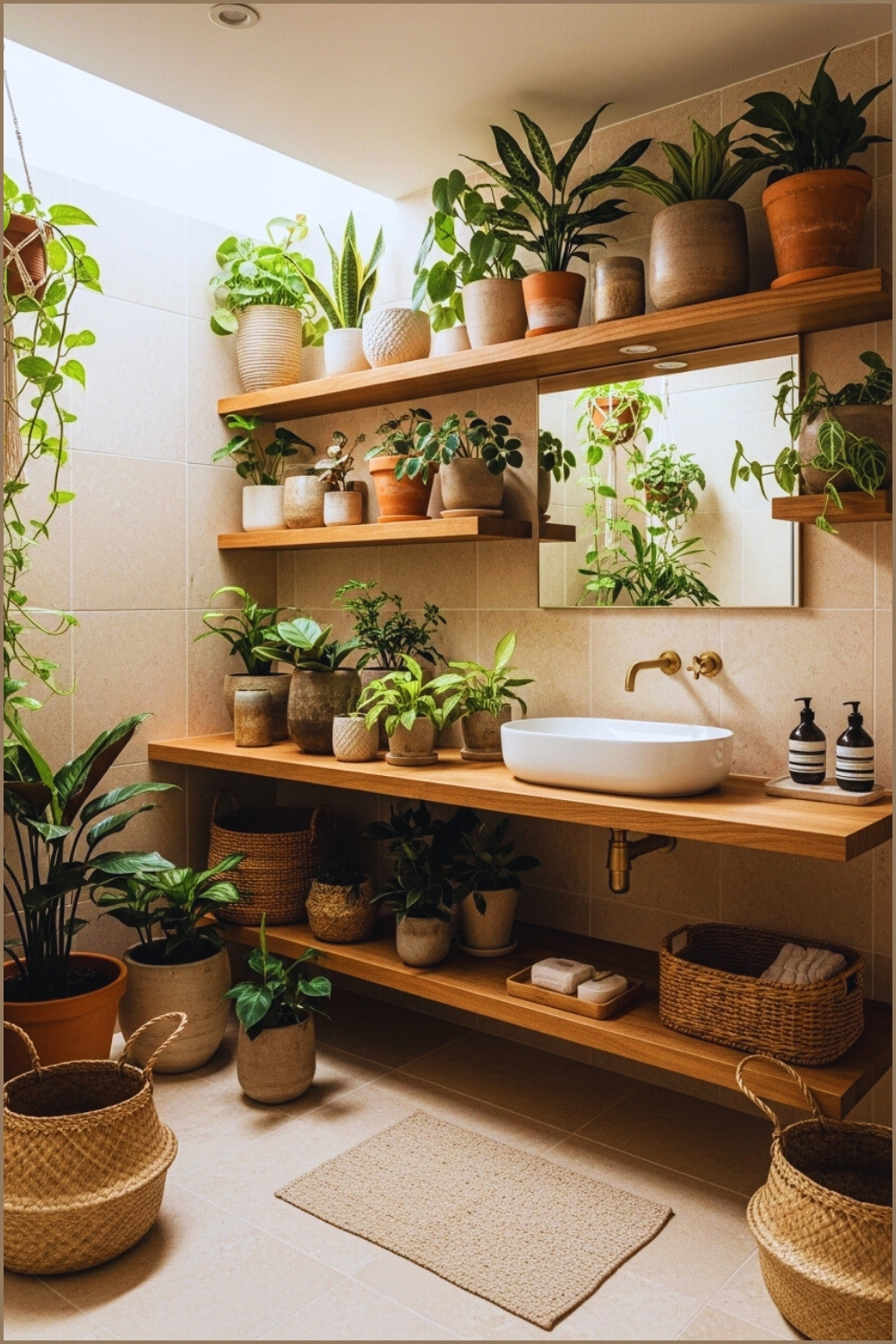 Lush Boho Bathroom Filled With Plants, Wooden Floating Shelves