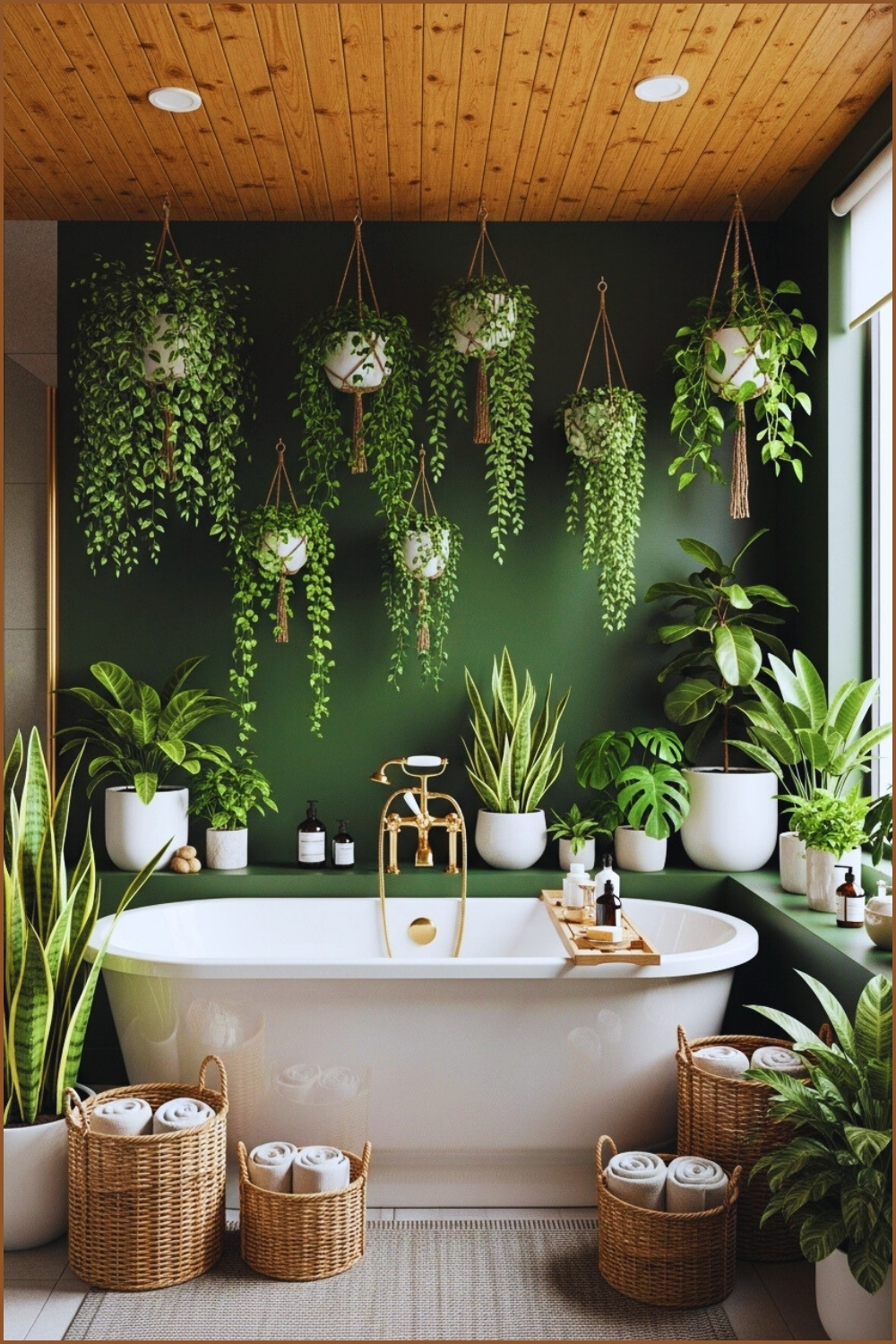 Lush Botanical Bathroom, Deep Green Walls, Freestanding