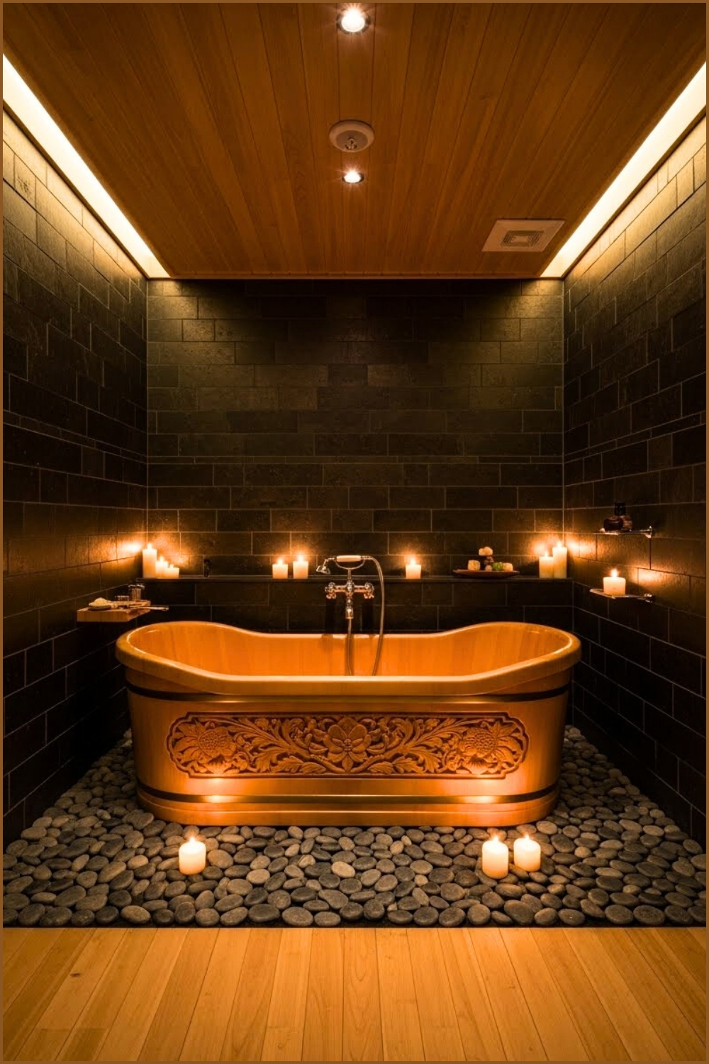 Luxe Natural Spa Bathroom With A Carved Wooden Soaking Tub
