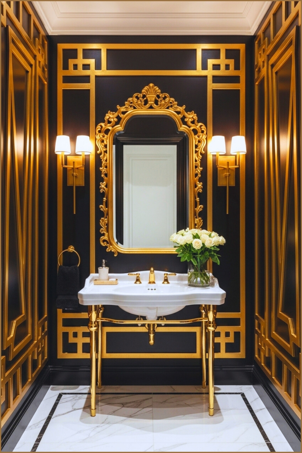 Luxurious Art Deco Powder Room With Dramatic Black Walls