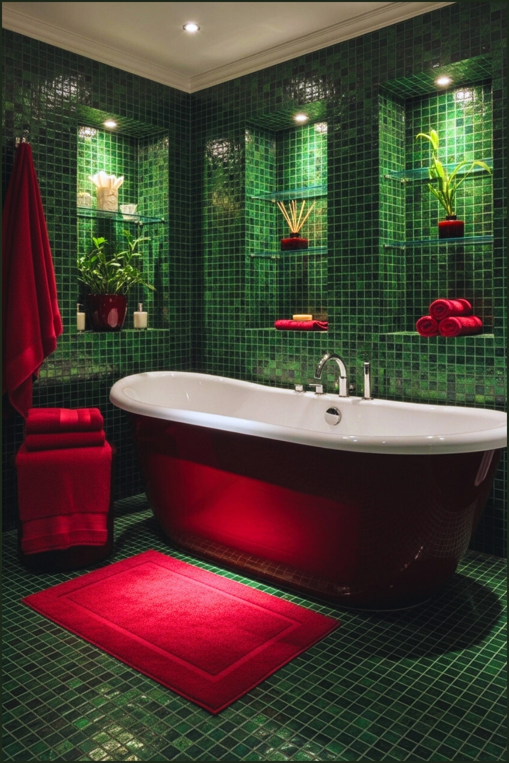 Luxurious Bathroom Interior With Deep Green Mosaic Tile Walls