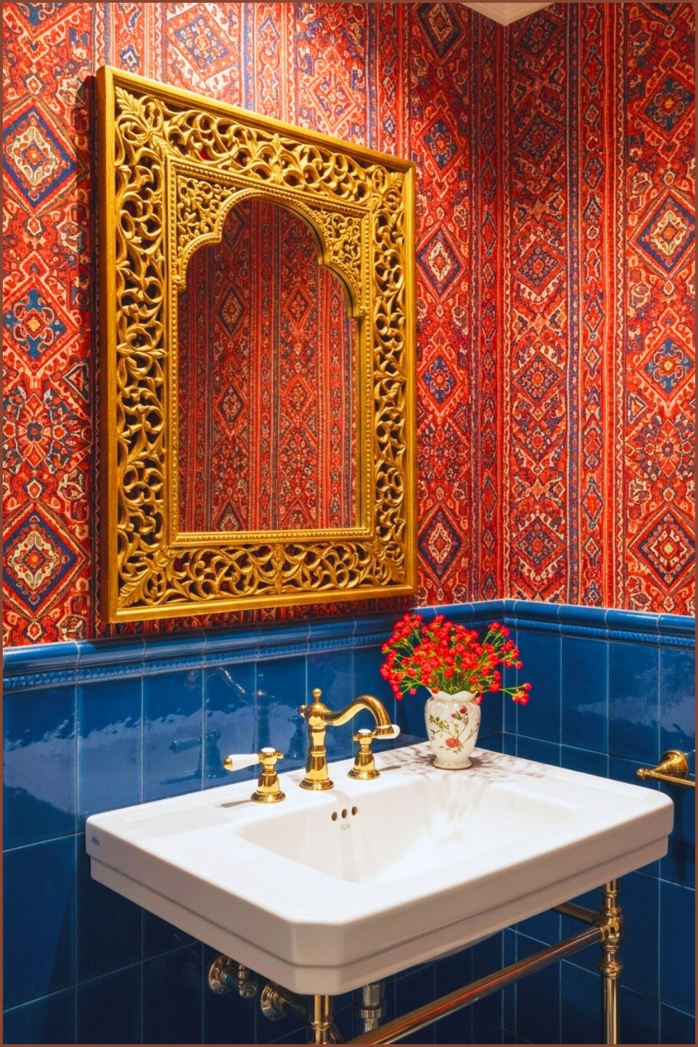 Luxurious Bathroom With Bold Red And Blue Patterned