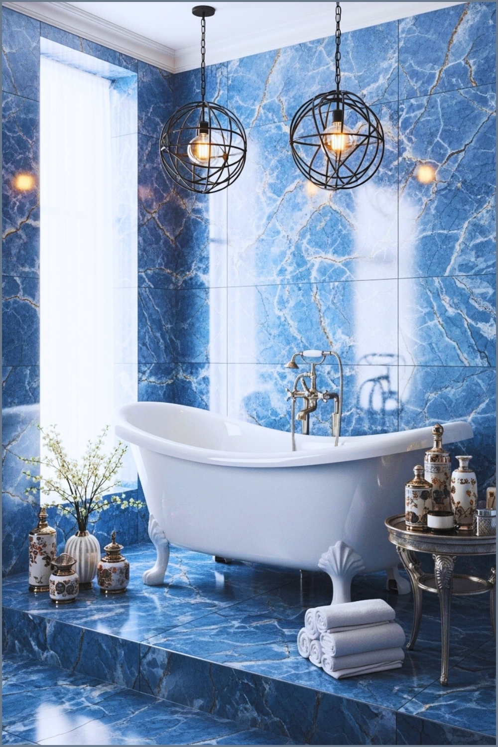 Luxurious Bathroom With Freestanding White Clawfoot Bathtub On Platform