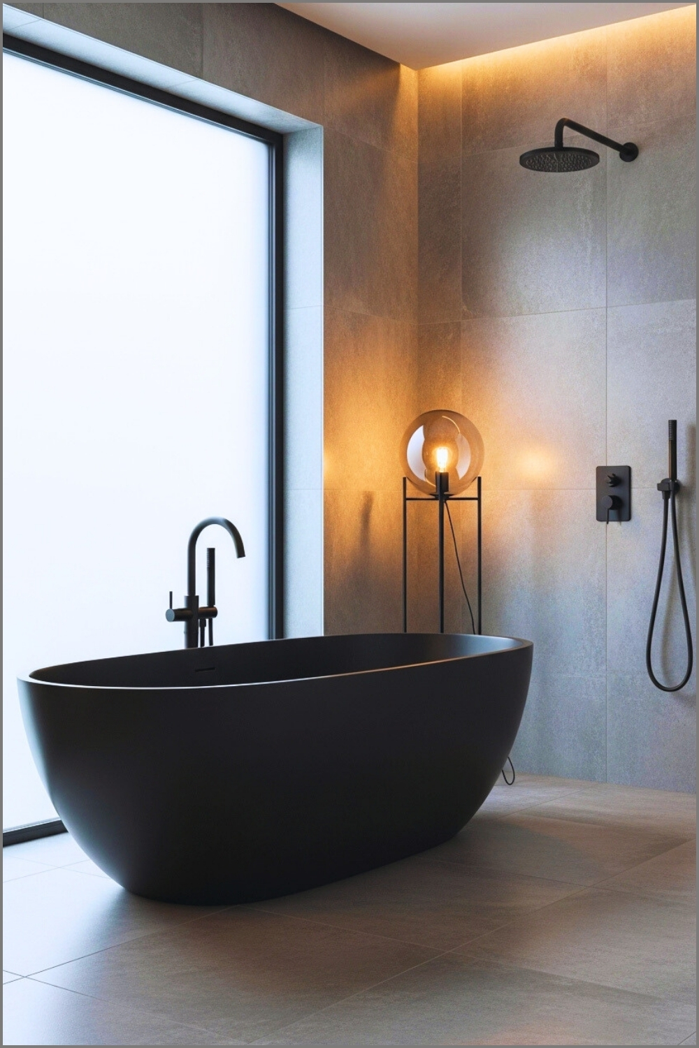 Luxurious Bathroom With Matte Black Freestanding Bathtub