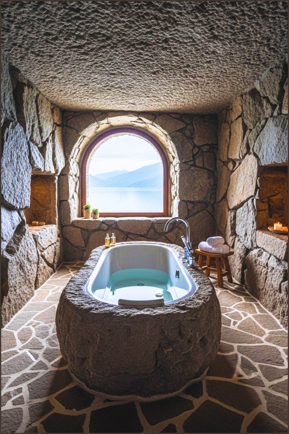 Luxurious Cave Style Bathroom Featuring A Freestanding