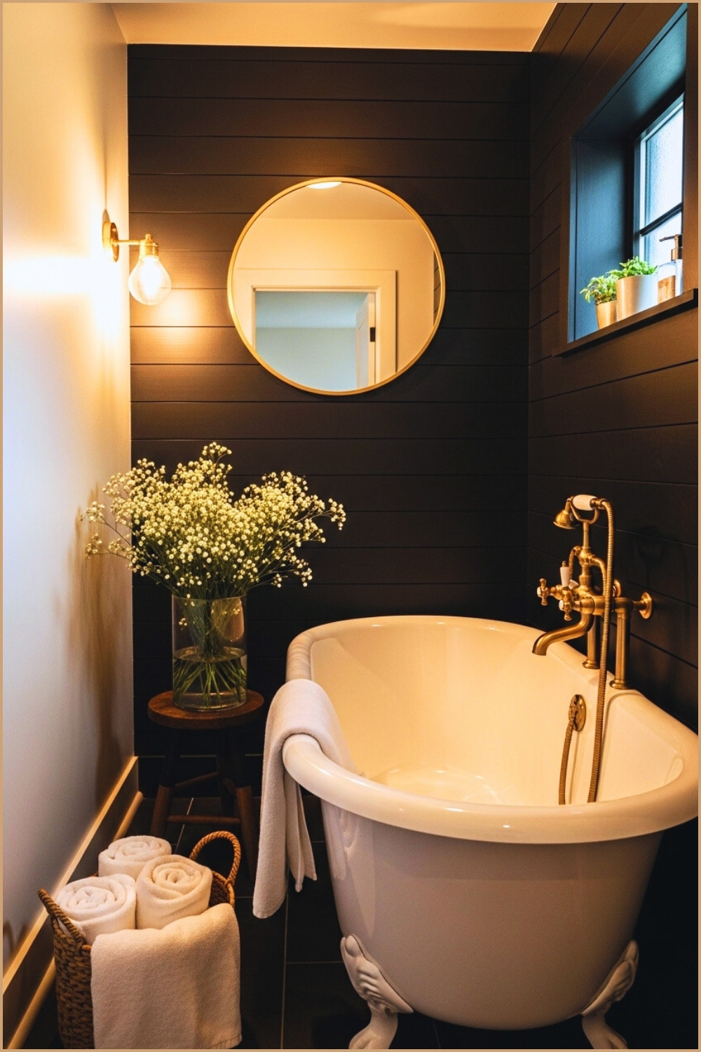 Luxurious Compact Bathroom With Black Shiplap Walls