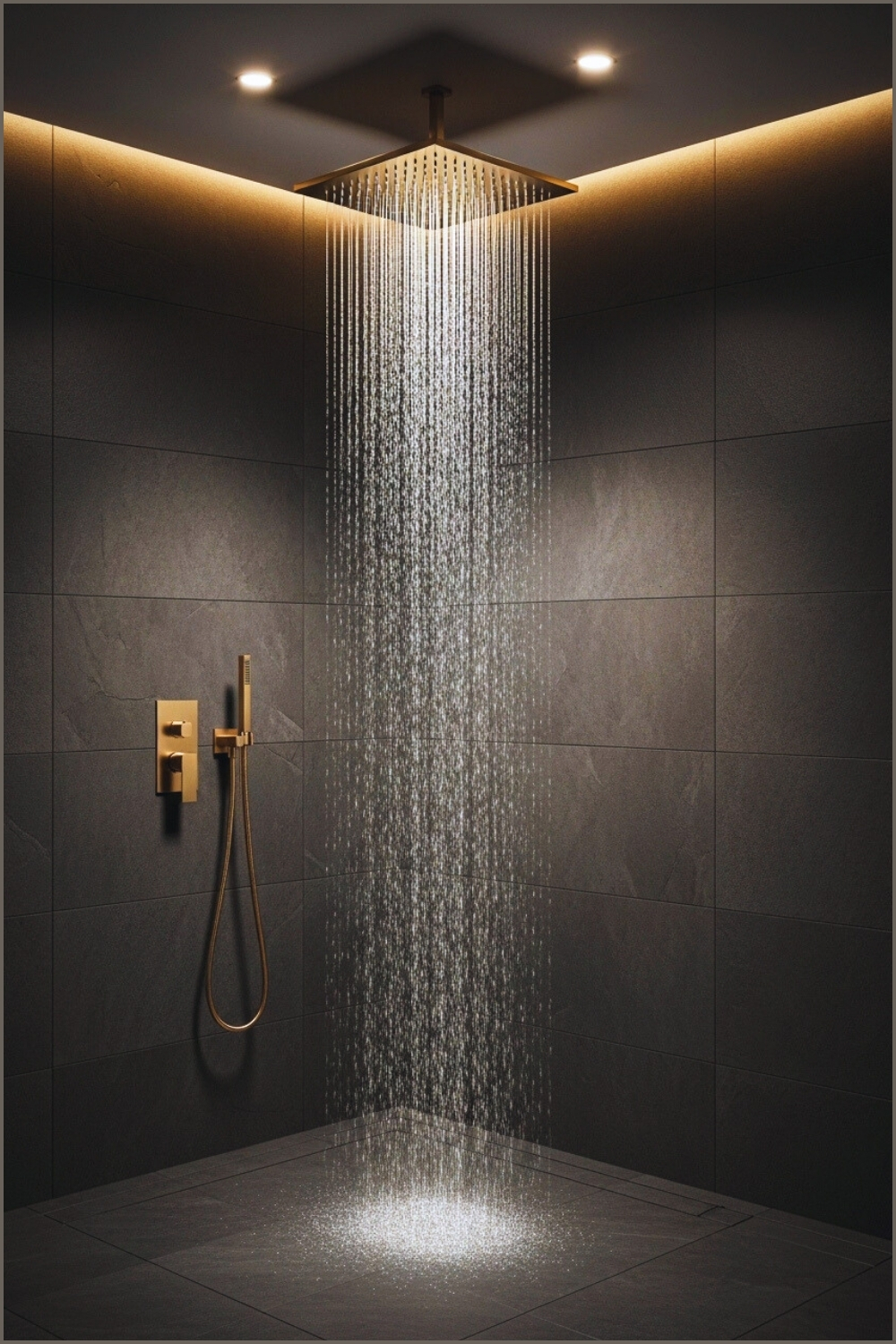 Luxurious Dark Spa Shower With Matte Charcoal Stone Tiles
