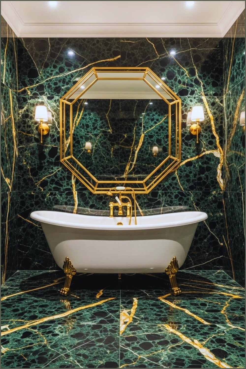 Luxurious Deep Forest-green Marble Bathroom With Dramatic
