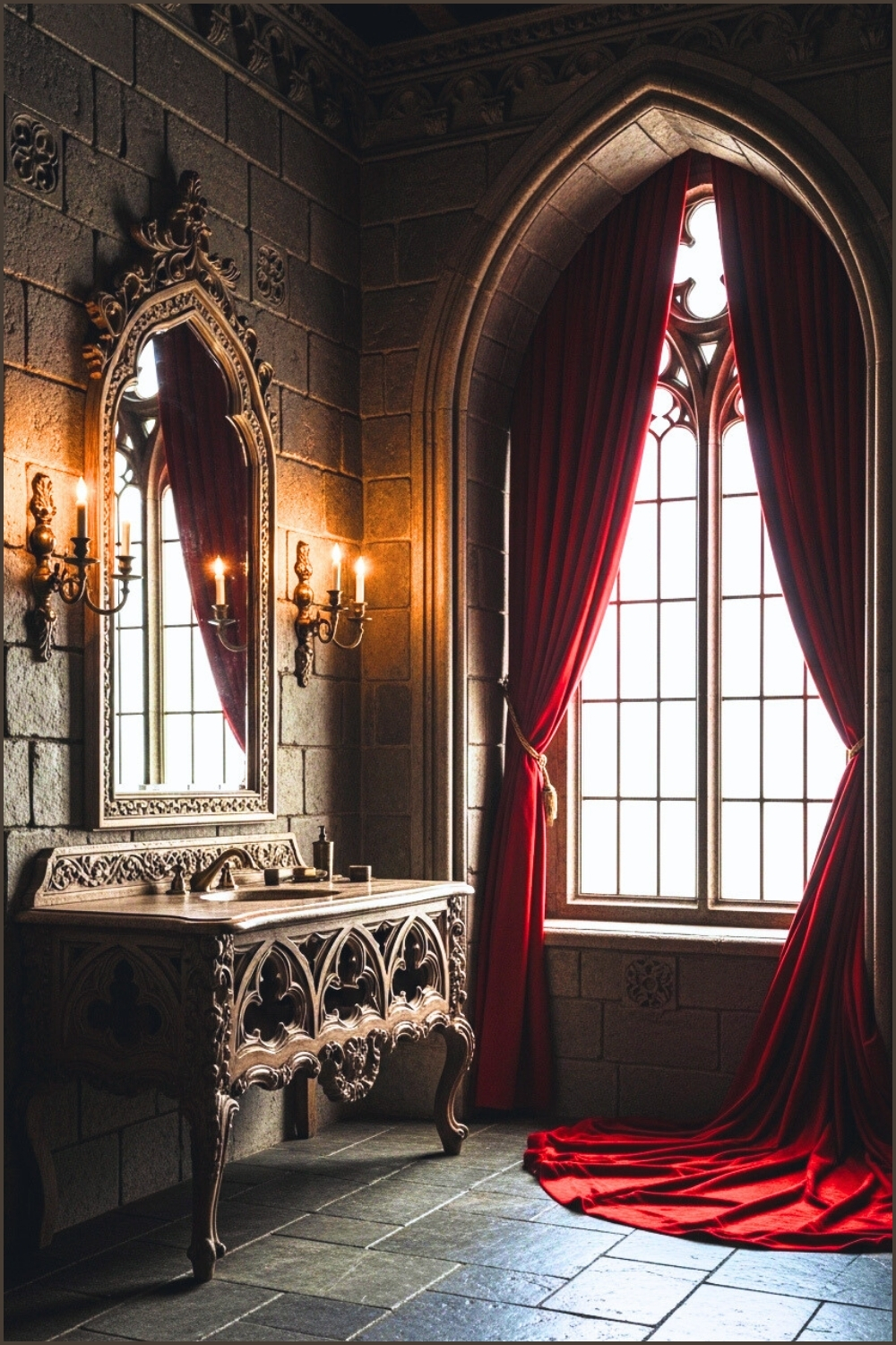 Luxurious Gothic Bathroom Interior With Grand Arched Window