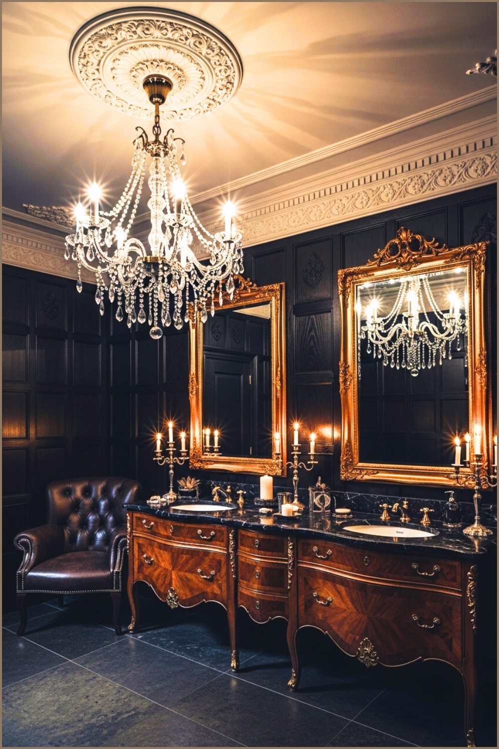 Luxurious Gothic Bathroom Interior With Ornate Crystal Chandelier