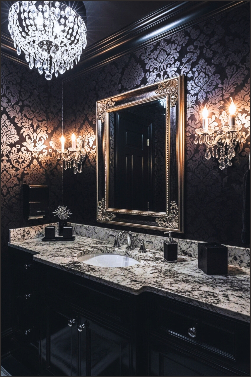 Luxurious Gothic Powder Room, Black Damask Wallpaper