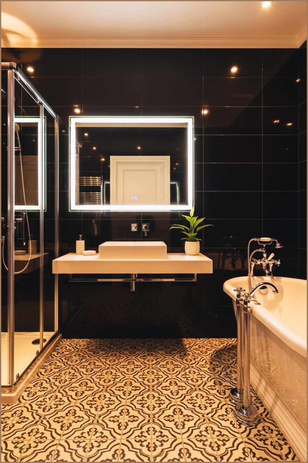 Luxurious Modern Bathroom With Black Glossy Wall Tiles