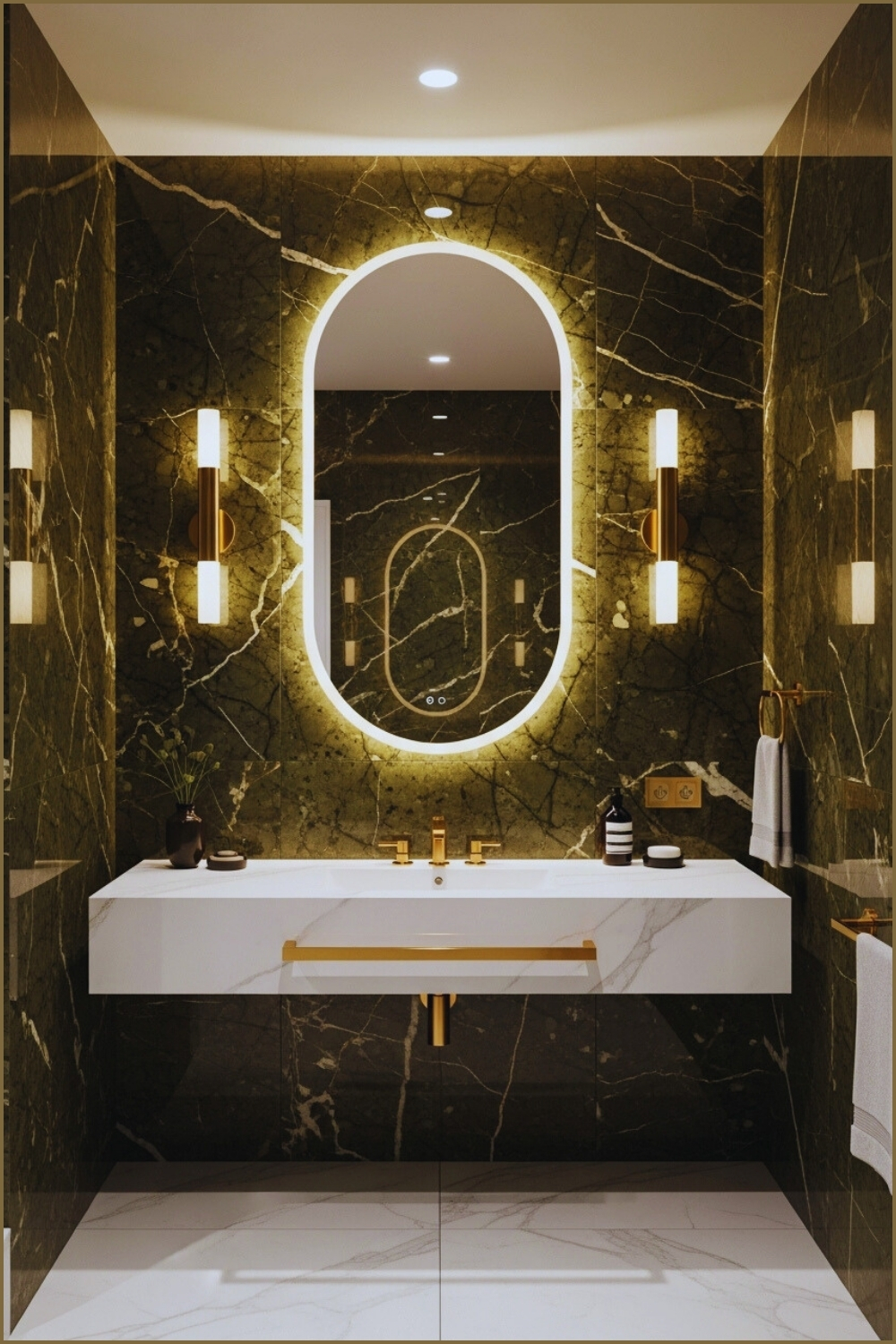 Luxurious Modern Bathroom With Deep Olive Green Marble