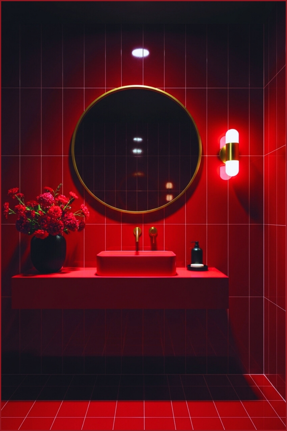 Luxurious Modern Bathroom With Glossy Deep Red Ceramic Tiles