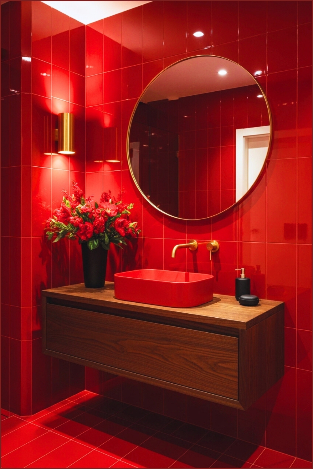 Luxurious Modern Bathroom With Glossy Deep Red Ceramic Tiles