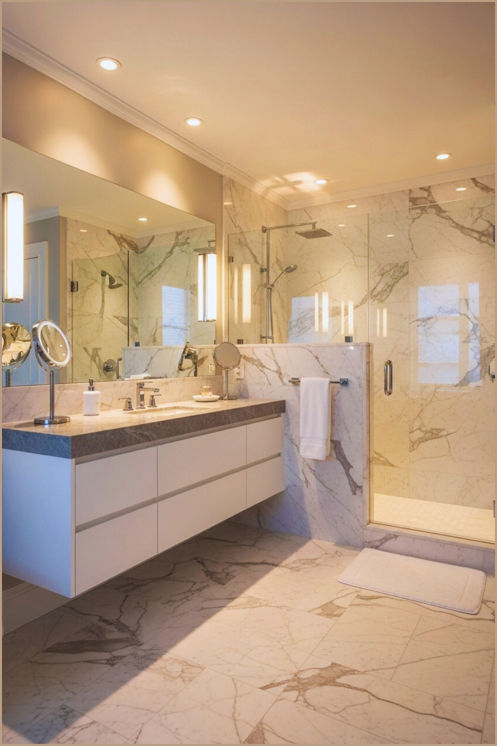 Luxurious Modern Bathroom With White Vanity, Grey Stone Countertop