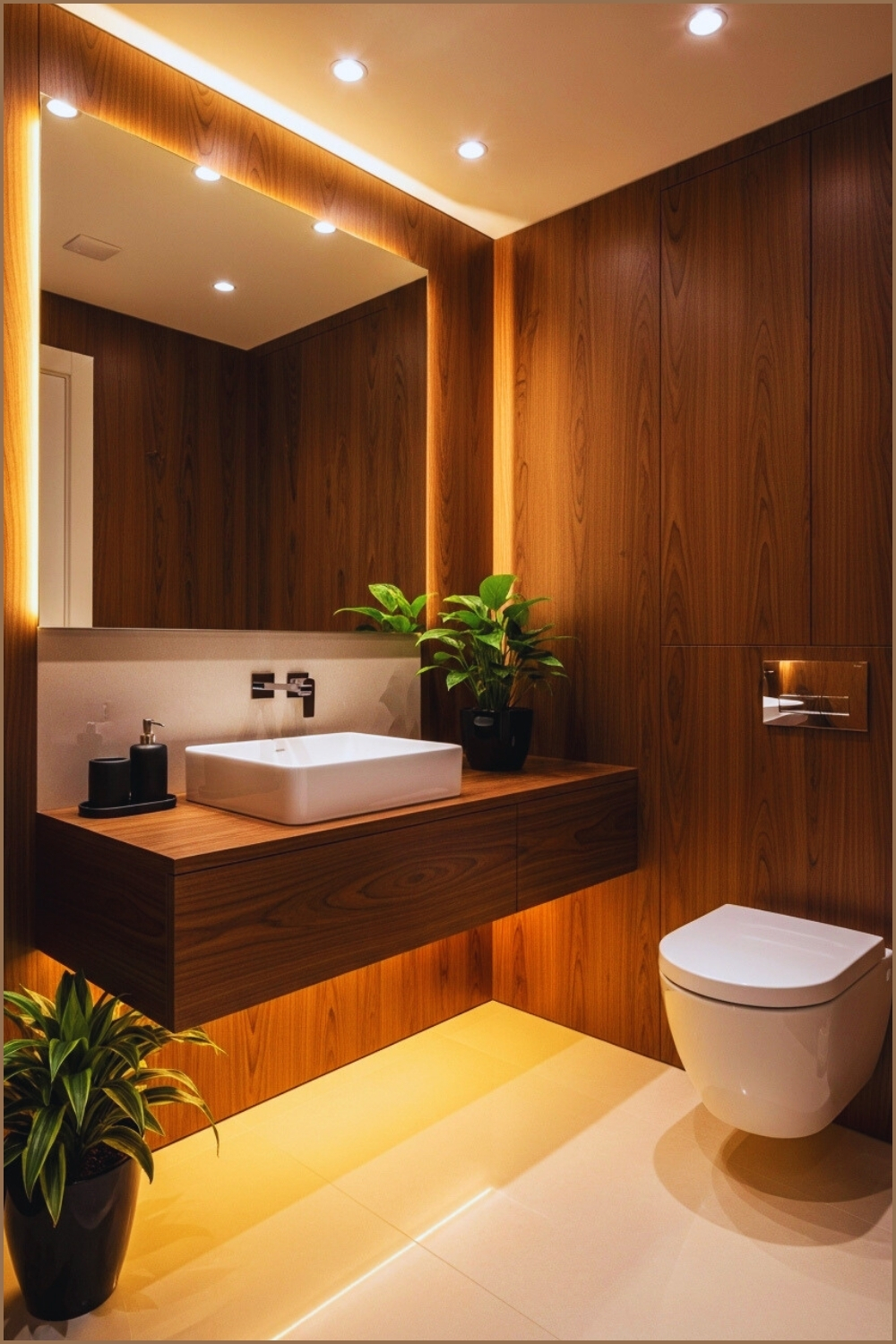 Luxurious Modern Powder Room With Dark Walnut Wall Panels