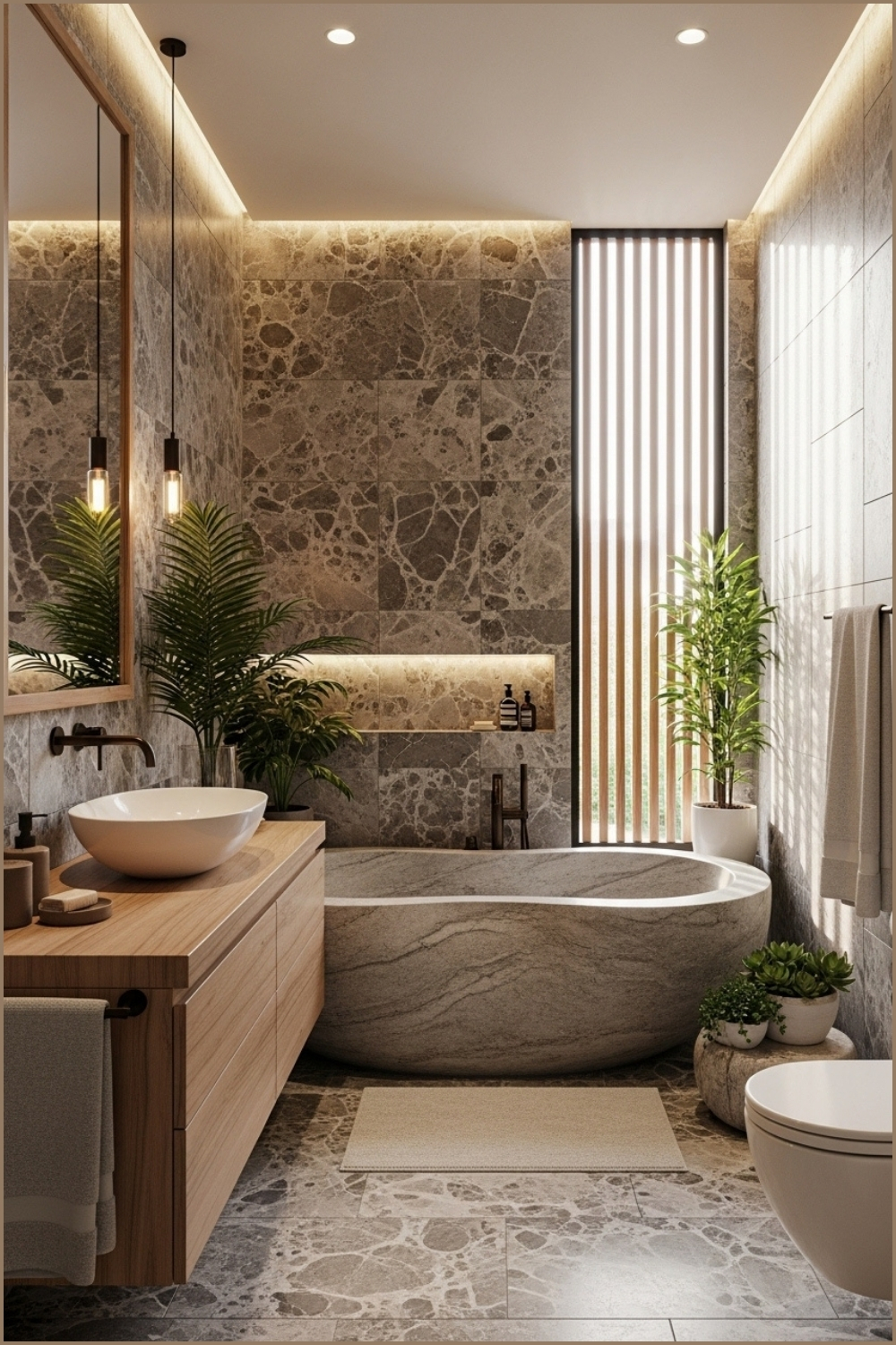 Luxurious Spa Inspired Bathroom With Warm Stone Textures