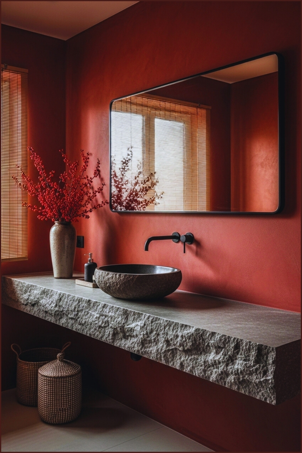Luxurious Spa Style Bathroom Interior With Deep Red Textured Walls