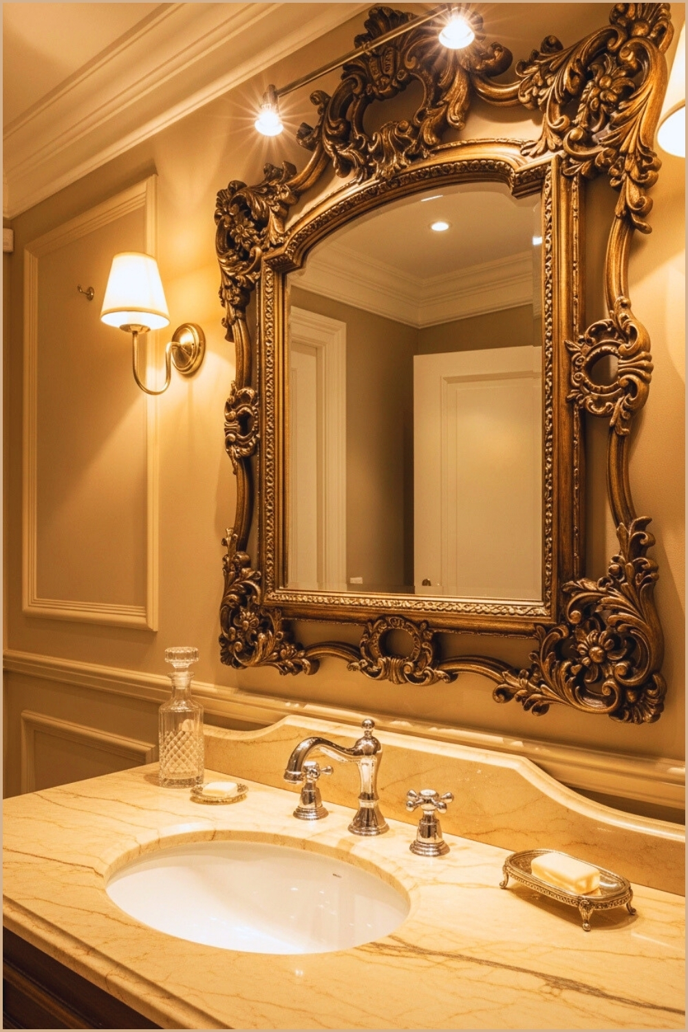 Luxurious Vintage Bathroom With Ornate Carved Bronze Mirror Frame