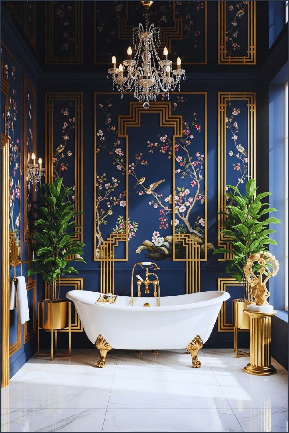 Luxury Art Deco Bathroom With Deep Navy Walls
