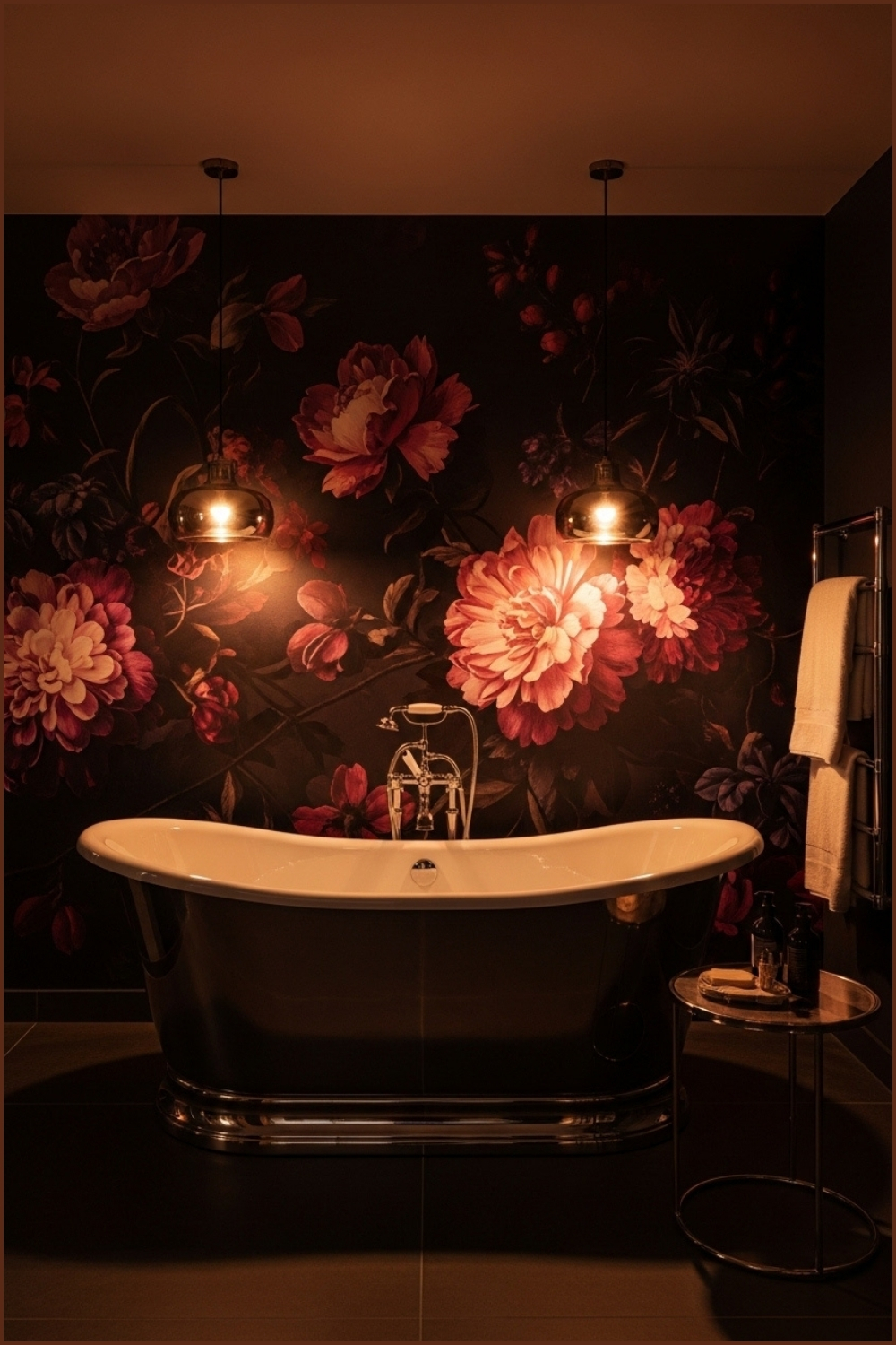 Luxury Artistic Bathroom, Dark Floral Mural Wall With Large Pink