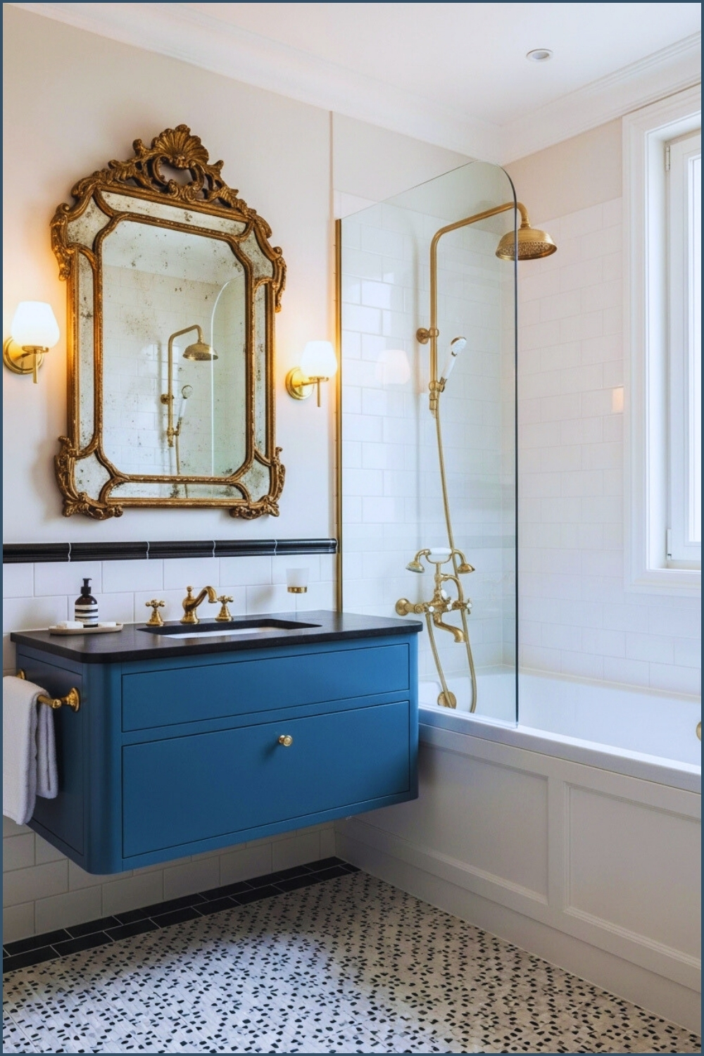 Luxury Bathroom, Blue Floating Vanity, Gold Vintage Mirror