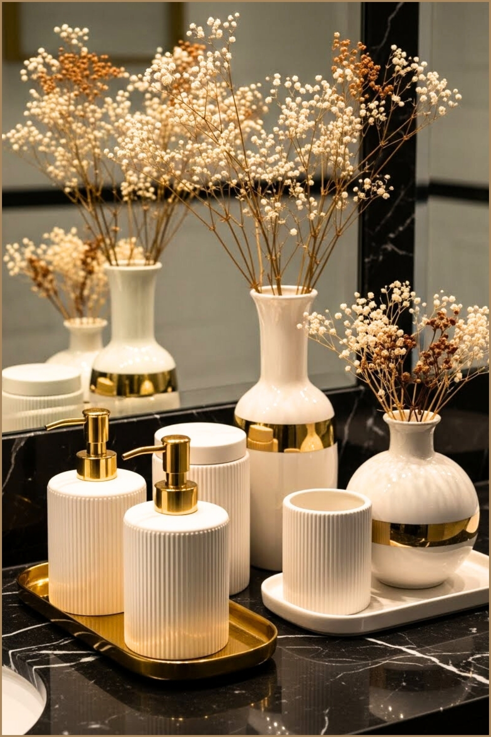 Luxury Bathroom Close-up, Gold Soap Dispensers And Trays