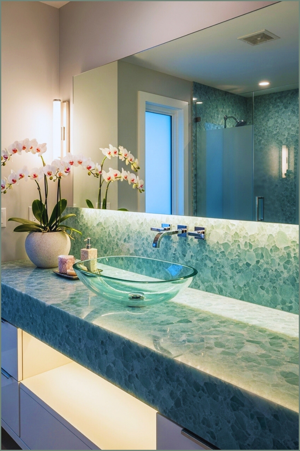 Luxury Bathroom Featuring Aqua-toned Quartz Stone Countertop