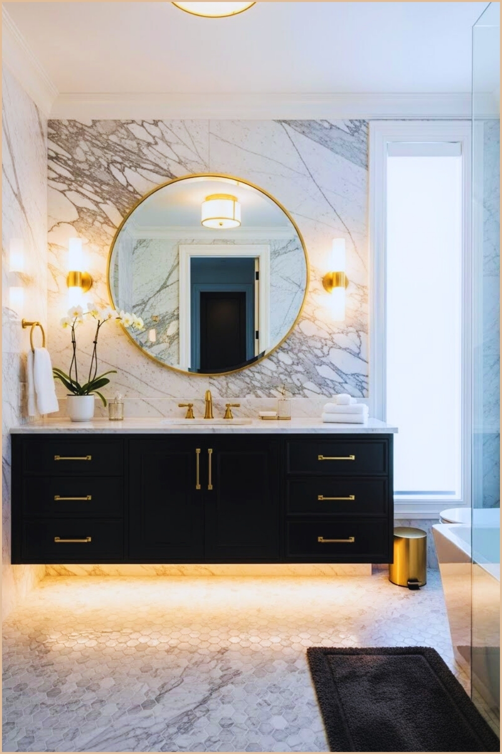 Luxury Bathroom Featuring Black Vanity Cabinets