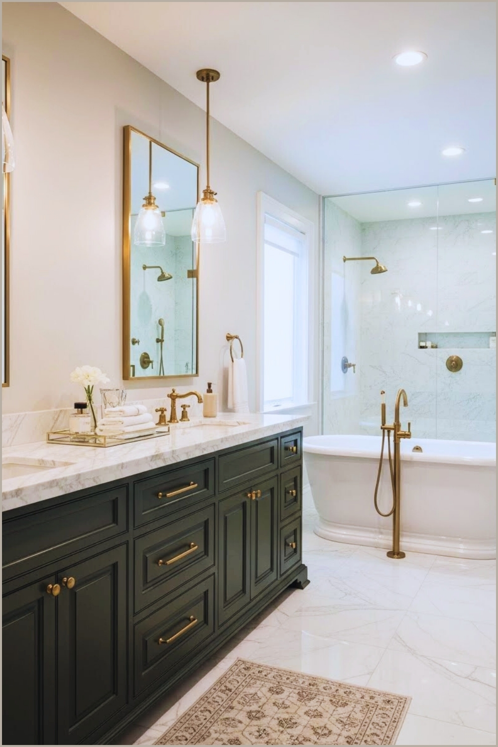 Luxury Bathroom With Dark Green Cabinets, Brushed Brass Hardware