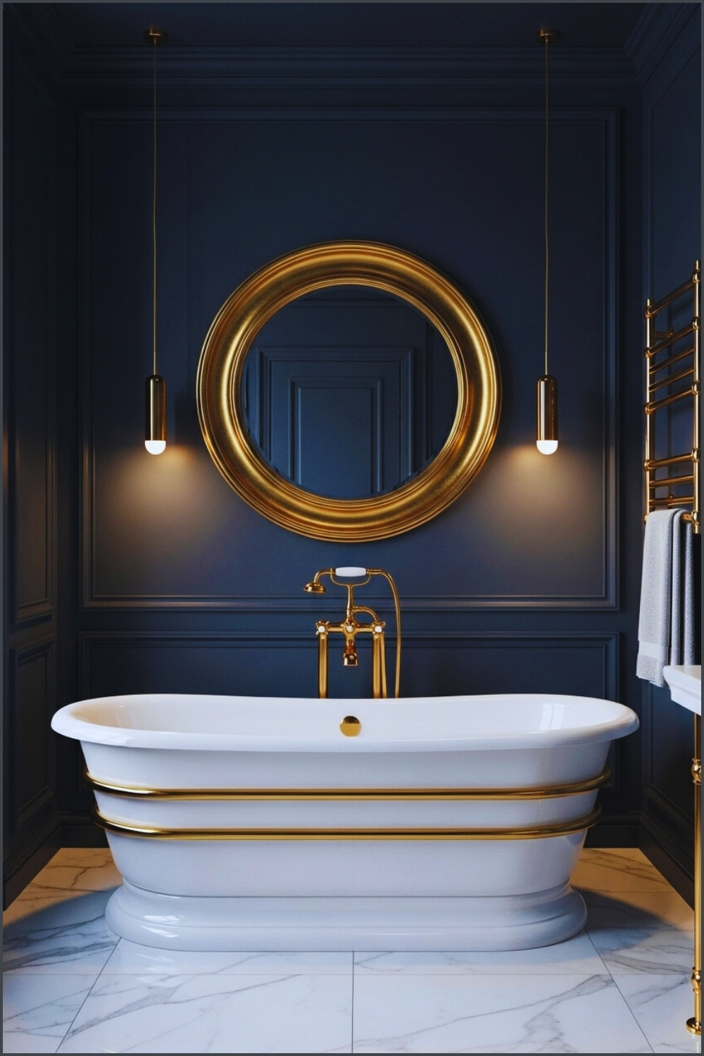 Luxury Bathroom With Deep Navy Blue Walls And Gold Fixtures