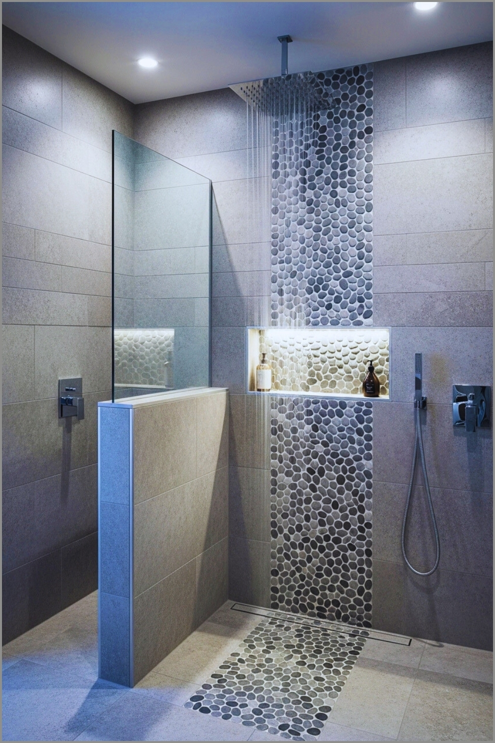 Luxury Bathroom With Grey Stone Tiles, Vertical Pebble Mosaic