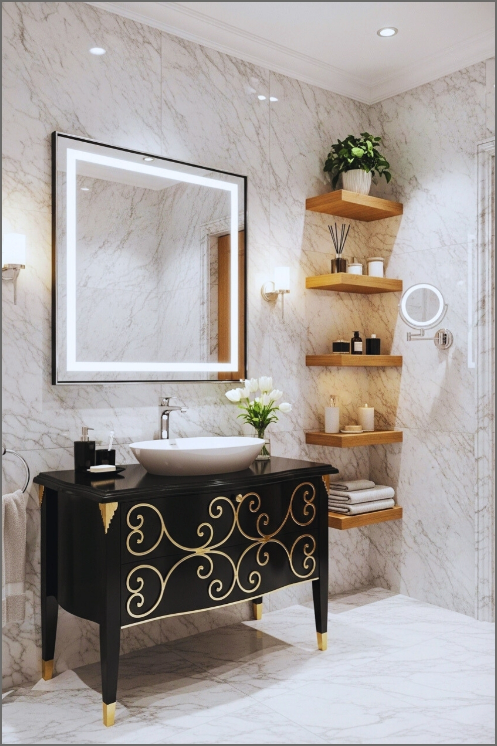 Luxury Bathroom With Large Marble Slab Walls In Soft Gray Veining